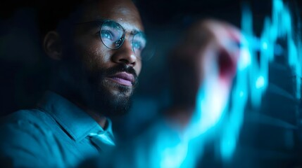 Fototapeta premium Focused man with glasses analyzing glowing blue digital data charts on a futuristic screen in a modern dark setting