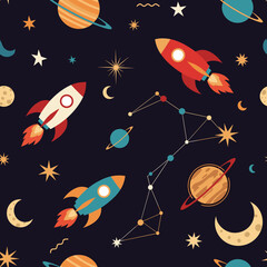 Naklejka premium A whimsical cosmic adventure featuring rockets planets stars and constellations in a dark night sky.