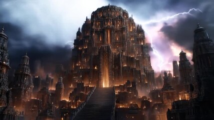 Mystical stone city with ascending steps, illuminated by fire. Stormy sky casts shadows - Powered by Adobe