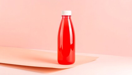 Red Juice Bottle on Pink Background - Minimalist Still Life.