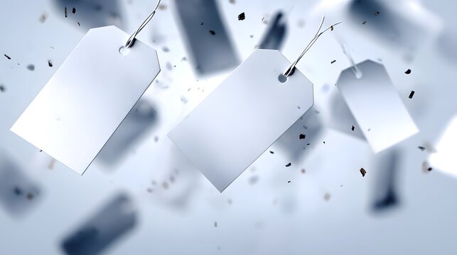 Blank white tags falling in a dynamic abstract composition with scattered particles