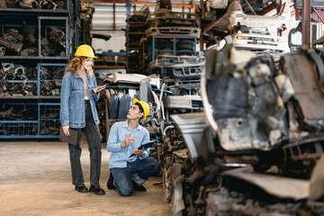 Technician male worker working in garage scrap yard old car part workshop warehouse