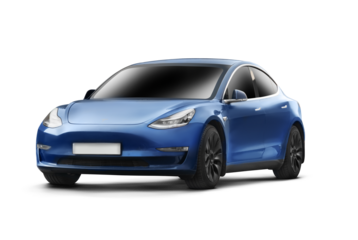 Partial left and front view of a blue colored modern electric car on a transparent background