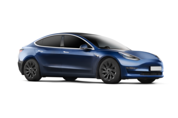 Partial right and front view of a blue colored modern electric car on a transparent background