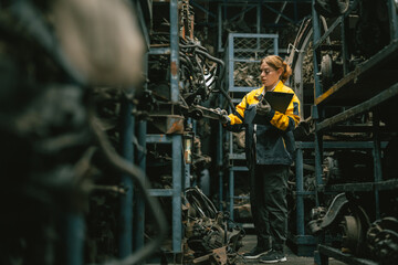 Technician adult women worker working in heavy industry, warehouse manager in garage scrap yard