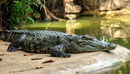 Obraz premium Large reptile basking on rock near pond. Sunlit creature in natural habitat