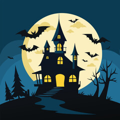 A spooky haunted house with bats flying around in the night illustration