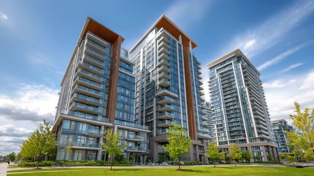 Luxury condominium buildings under blue sky
