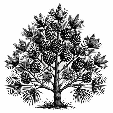 A detailed etching of a pine tree with long needle-like leaves and pinecones.