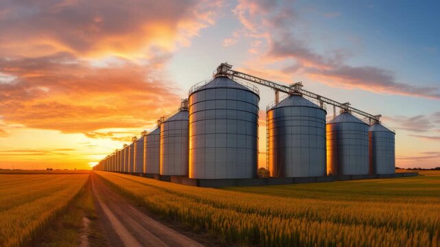 Rural farmland with silos in evening light