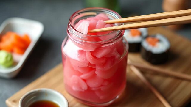 Glass jar of pink pickled ginger slices beside chopsticks and a sushi plate