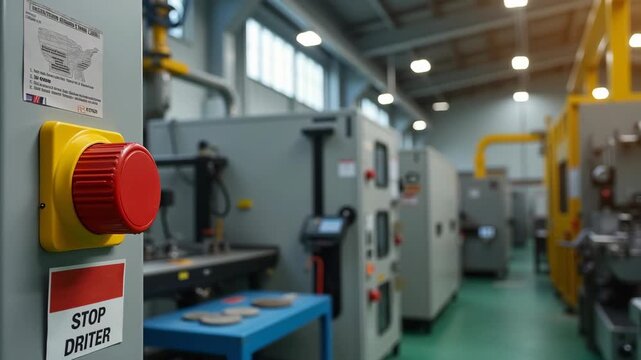 Factory workstation with lockout tagout board, guarded machine, and an emergency stop button