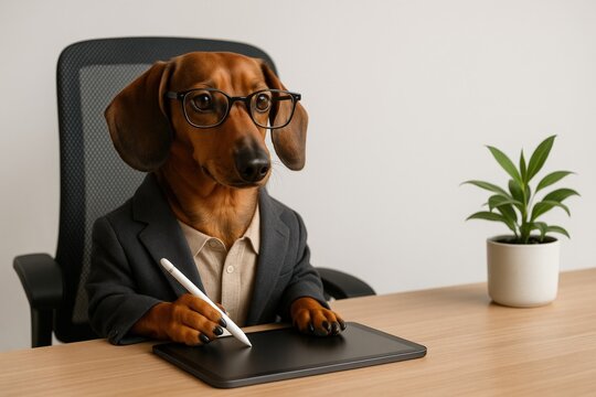 Dachshund in Suit Using Digital Tablet at Office Desk - Powered by Adobe