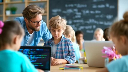 A science classroom where a teacher educates young schoolchildren on coding using computers, embracing modern education, elementary coding classroom, teacher programming education, - Powered by Adobe