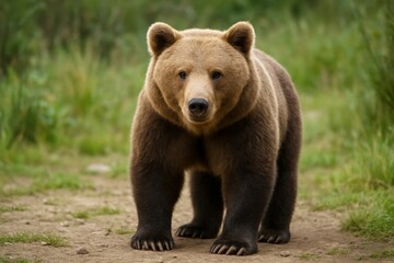 Fototapeta premium A majestic brown bear stands confidently, gazing directly at the viewer in its natural habitat.