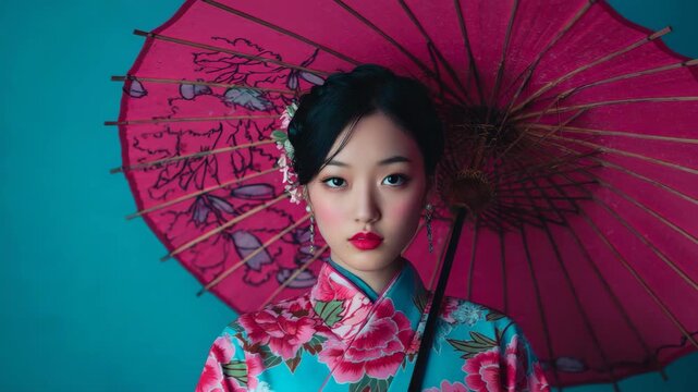 Traditional Japanese portrait with parasol backdrop