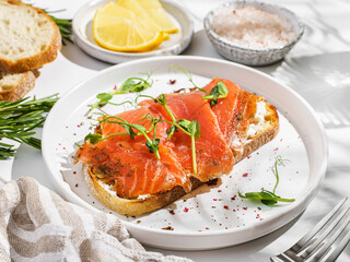 bruschetta with salmon on a white background