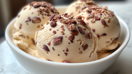Indulgent scoops of creamy caramel ice cream generously studded with crunchy toasted almonds in a pristine white bowl, a delightful summer treat.
