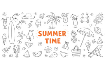 Summer time doodle illustration isolated on white background featuring beach elements, drinks, and accessories in a handdrawn style for a fun vacation vibe vector illustration