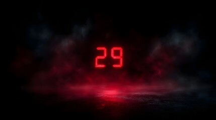 A digital display shows the number 29 in bright red set against a dark smoky and mysterious background with a red illuminated floor