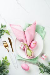 Easter food or table setting on white background.