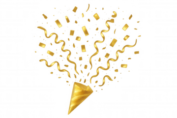Golden celebration confetti bursting from party popper, creating festive explosion with streamers