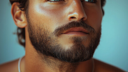 Obraz premium Striking close-up of a handsome man with captivating blue eyes and a well-groomed beard, ideal for men s grooming, skincare and fashion advertising campaigns