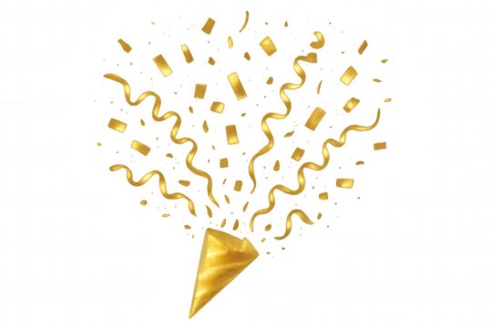 Golden celebration confetti bursting from party popper, creating festive explosion with streamers