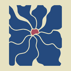 Abstract floral design featuring a stylized blue flower with flowing, curved petals radiating from a soft red center, outlined in cream against a pale beige background in retro style