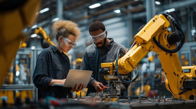 Two engineers analyze a yellow robotic cell using a laptop. Concept of Industry 4.0 diagnostics, programming, and continuous improvement on an automated assembly line.