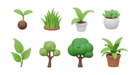 3d icon of a collection of cute cartoon plants, including seedlings, grass, potted plants, and trees, isolated on transparent background
