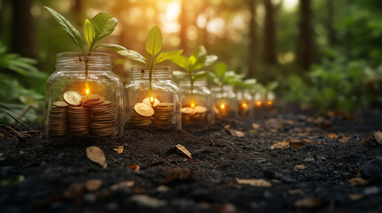 Watch your savings blossom like these vibrant green sprouts growing from jars of golden coins in a lush forest, symbolizing financial growth and investment