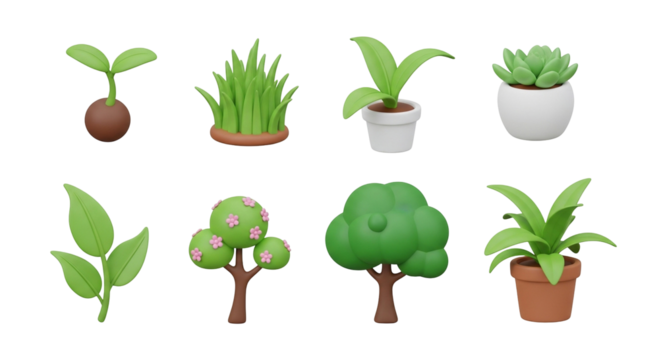 3d icon of a collection of cute cartoon plants, including seedlings, grass, potted plants, and trees, isolated on transparent background
