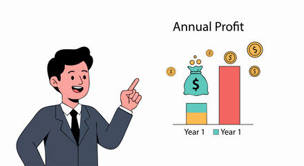 Businessman Presenting Annual Profit Growth Bar Chart and Financial Success