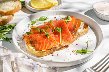 bruschetta with salmon on a white background