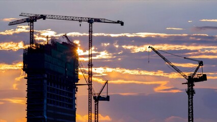 high crains against colorful sunset sky above silhouete of high. big high crains under a new construction site of high-rise building against blue sunset sky. construction background 