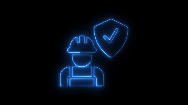 one neon construction workers glowing on black background safety concept. glowing neon Engineer and helmet icon isolated on black background. 4k video motion graphic animation.