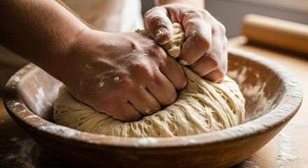 Closeup of hands kneading dough in a wooden bowl, showcasing the process of making bread or pastry with flour on a rustic wooden surface