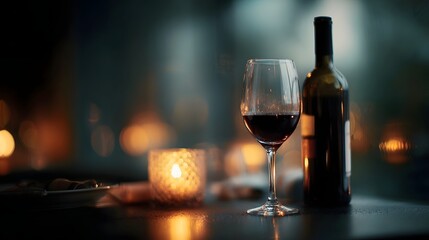 Naklejka premium A glass of red wine and a bottle sit beside a flickering candle creating a warm and romantic atmosphere