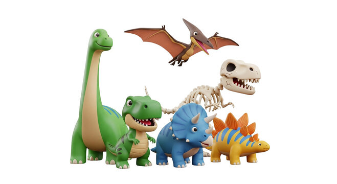 3d icon of group of cute cartoon dinosaurs and a pterodactyl, including a longneck, trex skull, triceratops, and stegosaurus, isolated on transparent background