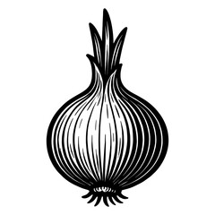 A black and white drawing of a large onion. The onion is the main focus of the image. The drawing has a simple. Vector. Silhouette illustration.