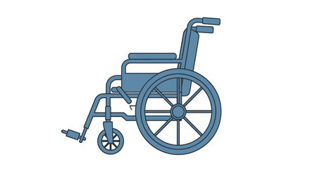 A blue wheelchair with large spoked wheels and smaller front casters.