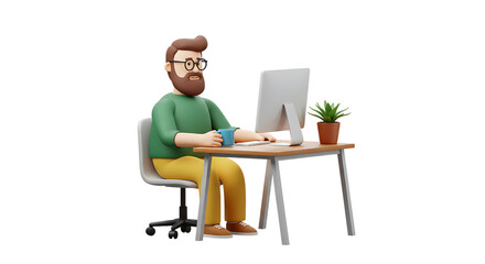 3d icon of a cartoon man with glasses and beard working on a computer at a desk, isolated on transparent background