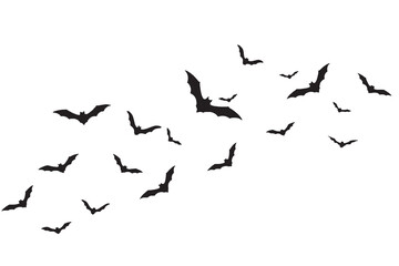Flock of silhouetted bats flying in formation against white background