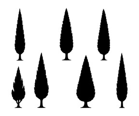 A series of six trees, all of which are black and white. The trees are all different sizes and shapes. Vector. Silhouette illustration.