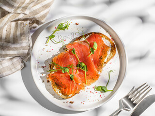 bruschetta with salmon on a white background