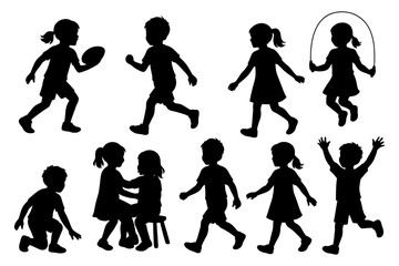 A series of silhouettes of children playing. Scene is playful and fun. Vector. Silhouette illustration.
