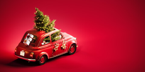 Old red car with Christmas tree and Christmas presents on vibrant red background. Christmas greeting card design with copy space. 3D Rendering, 3D Illustration