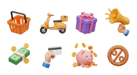 3d icon of ecommerce and shopping icons including a basket, scooter, gift, megaphone, money, credit card, piggy bank, and discount symbol, isolated on transparent background
