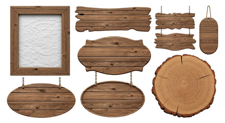 3d icon of assortment of rustic wooden signs and frames, including a picture frame, various plank signs, a hanging oval sign, and a tree trunk slice, isolated on transparent background